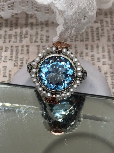 Natural Blue Topaz ring, Round seed pearl and rose gold accents with sterling silver filigree details, Silver Embrace Jewelry, Round Pearl D238
