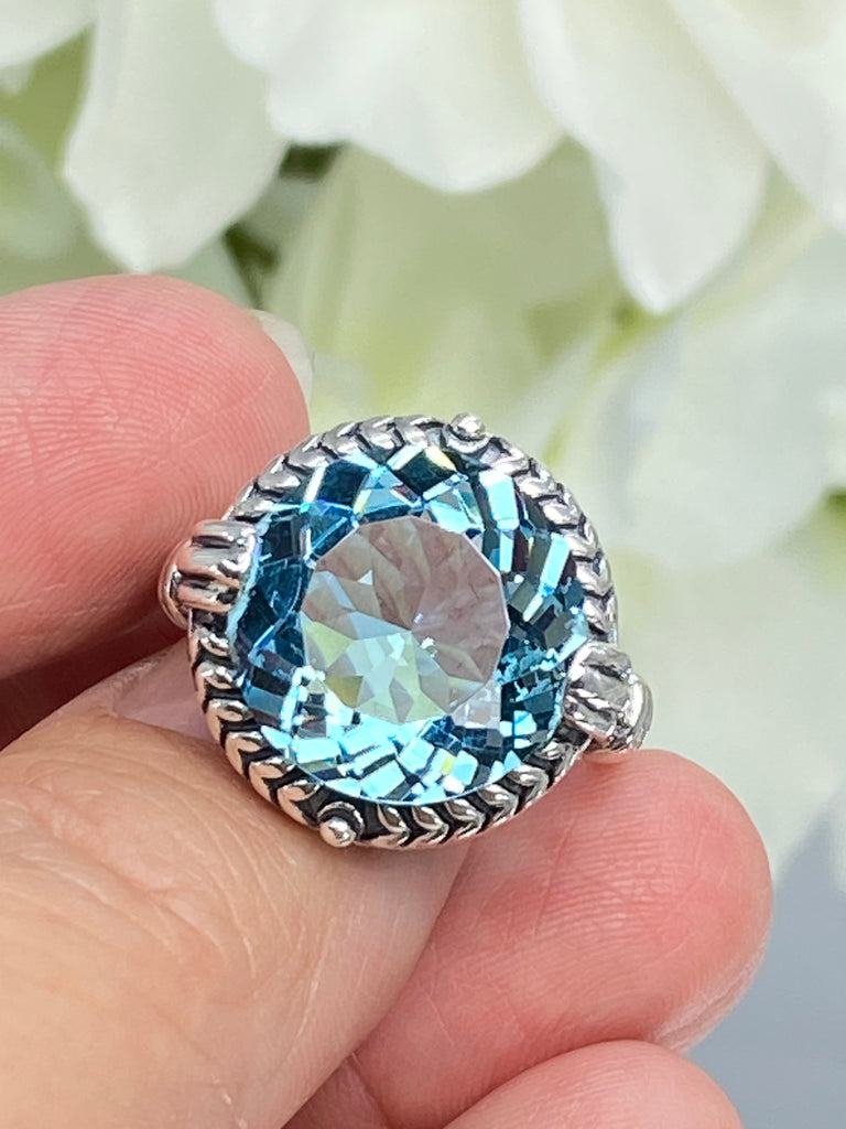 Nimbus Aquamarine Ring, 13carat round gem, Modern vintage ring, Silver Embrace Jewelry D239