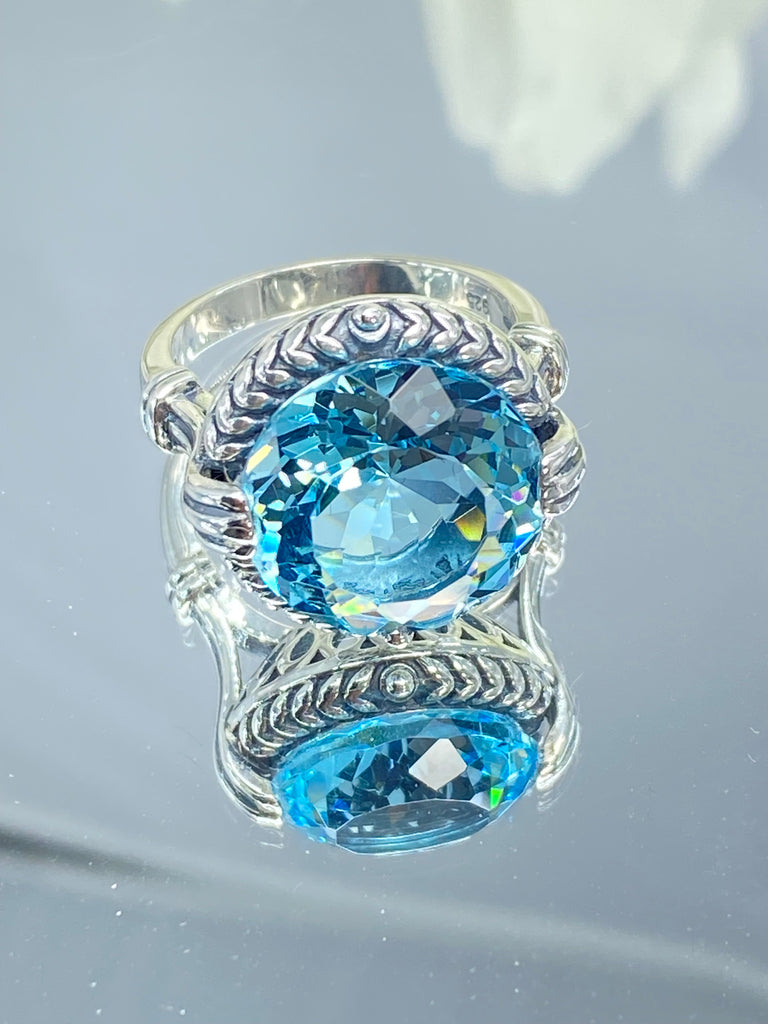 Nimbus Aquamarine Ring, 13carat round gem, Modern vintage ring, Silver Embrace Jewelry D239