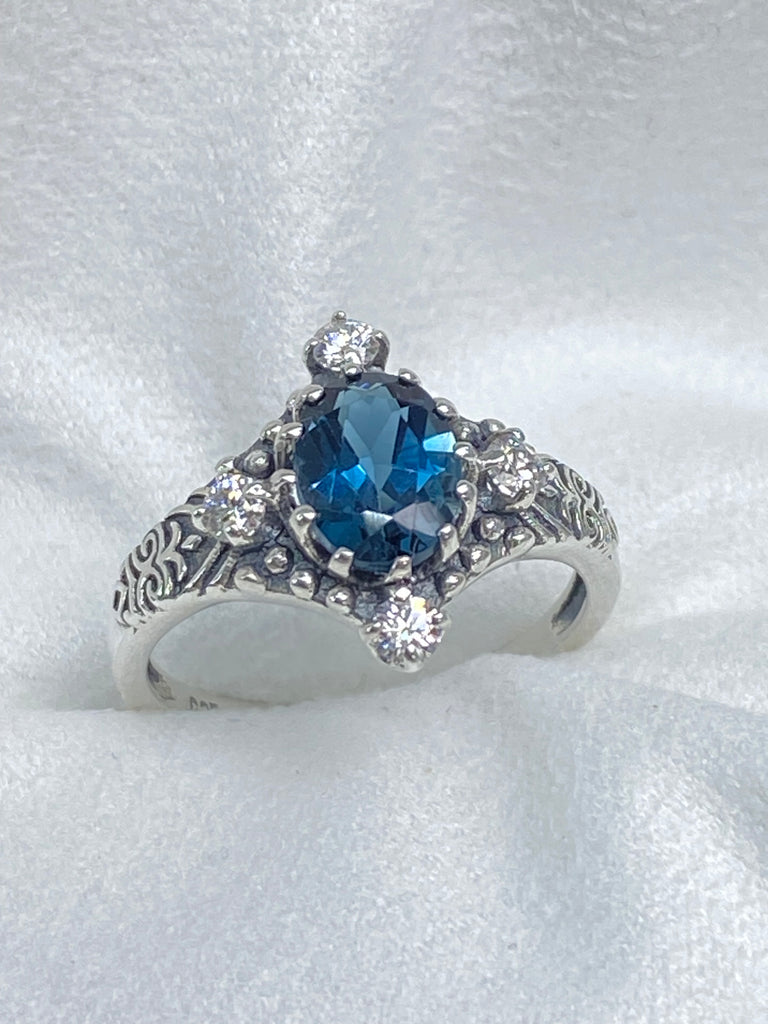 Natural Swiss Blue Topaz Ring, Topaz and Moissanite Victorian Filigree Jewelry, Silver Embrace Jewelry D24