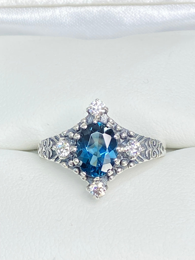 Natural Swiss Blue Topaz Ring, Topaz and Moissanite Victorian Filigree Jewelry, Silver Embrace Jewelry D24