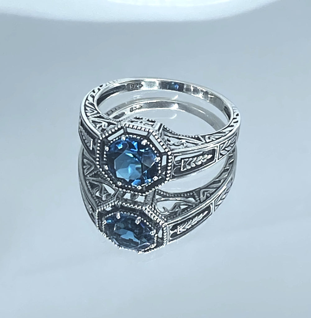 London Blue Topaz Ring, Eiffel design, Art Deco Jewelry, Sterling silver Filigree, Silver Embrace Jewelry, #D240