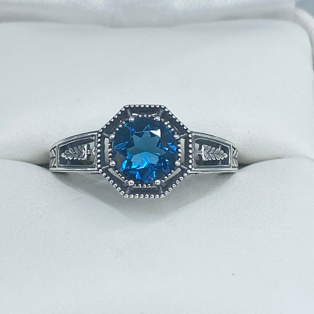 London Blue Topaz Ring, Eiffel design, Art Deco Jewelry, Sterling silver Filigree, Silver Embrace Jewelry, #D240