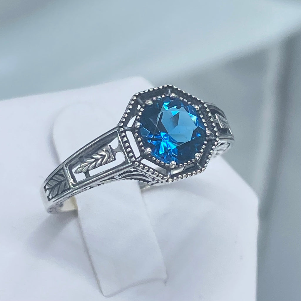 London Blue Topaz Ring, Eiffel design, Art Deco Jewelry, Sterling silver Filigree, Silver Embrace Jewelry, #D240