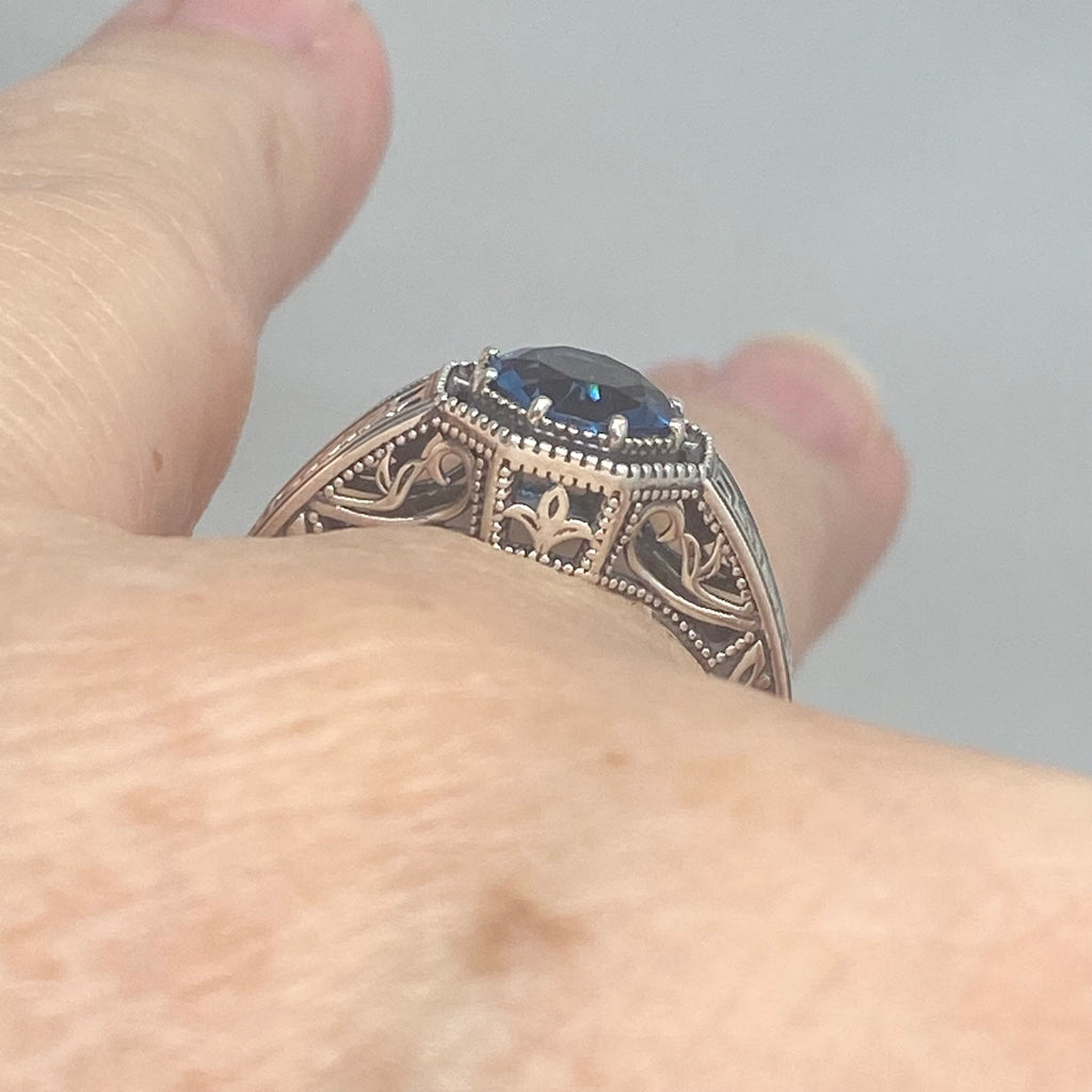 London Blue Topaz Ring, Eiffel design, Art Deco Jewelry, Sterling silver Filigree, Silver Embrace Jewelry, #D240