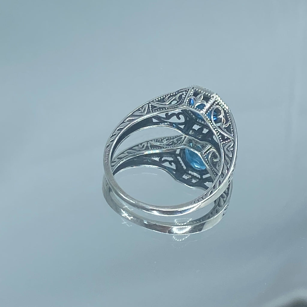 London Blue Topaz Ring, Eiffel design, Art Deco Jewelry, Sterling silver Filigree, Silver Embrace Jewelry, #D240