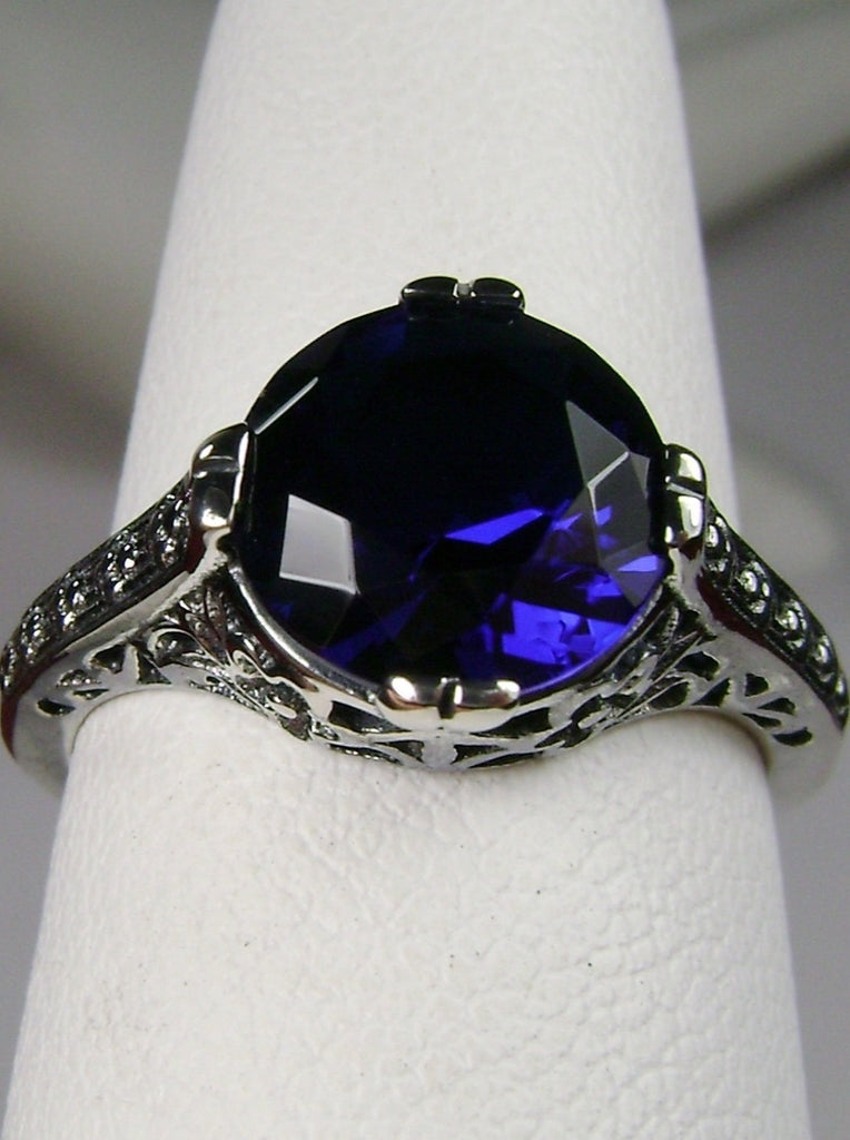 Blue Sapphire Ring, Flower Ring, Round Full Cut Gem, Sterling Silver Filigree, Vintage Jewelry, Silver Embrace Jewelry, D27