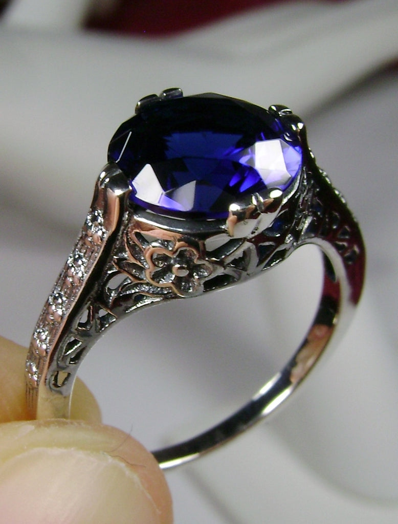 Blue Sapphire Ring, Flower Ring, Round Full Cut Gem, Sterling Silver Filigree, Vintage Jewelry, Silver Embrace Jewelry, D27