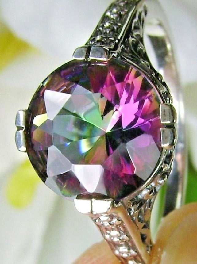 Mystic Topaz Ring, Flower Ring, Round Full Cut Gem, Sterling Silver Filigree, Vintage Jewelry, Silver Embrace Jewelry, D27