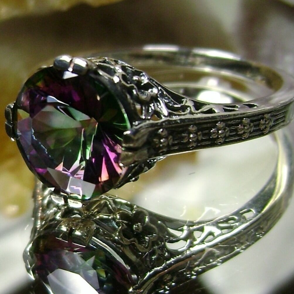 Mystic Topaz Ring, Flower Ring, Round Full Cut Gem, Sterling Silver Filigree, Vintage Jewelry, Silver Embrace Jewelry, D27