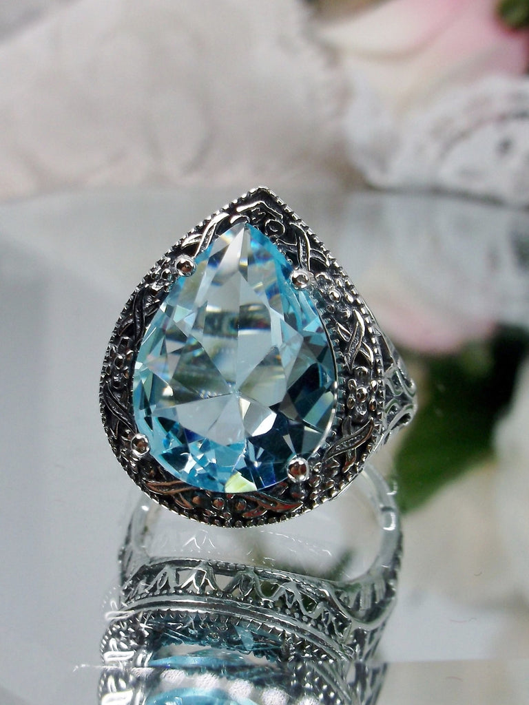 Aquamarine Teardrop Ring, Simulated pear cut gemstone, Victorian filigree, sterling silver filigree, Antique jewelry, Silver Embrace jewelry, design #D28