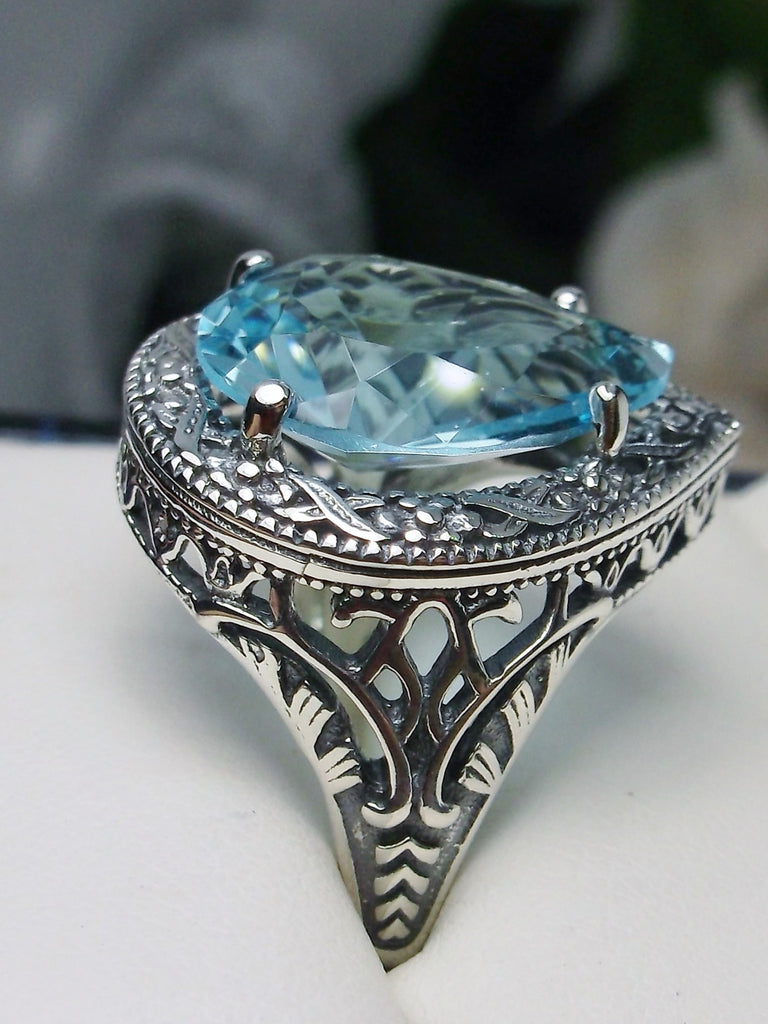 Aquamarine Teardrop Ring, Simulated pear cut gemstone, Victorian filigree, sterling silver filigree, Antique jewelry, Silver Embrace jewelry, design #D28
