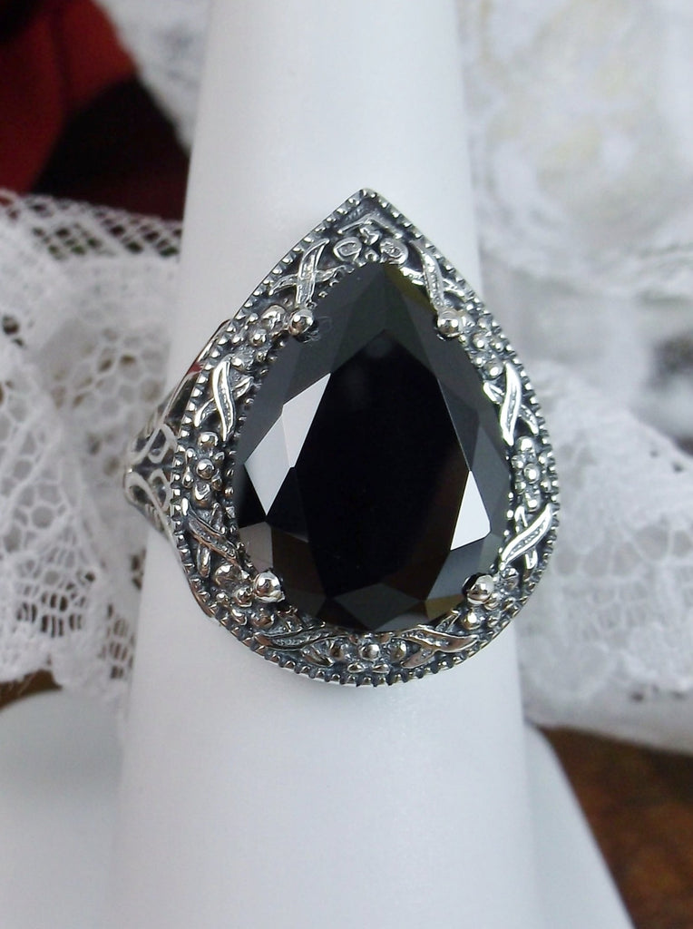 Black Cubic Zirconia (CZ) Teardrop Ring, Simulated pear cut gemstone, Victorian filigree, sterling silver filigree, Antique jewelry, Silver Embrace jewelry, design #D28