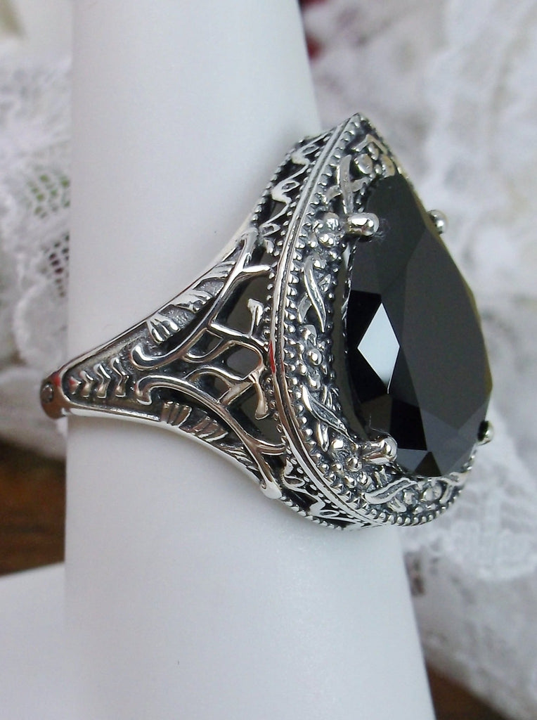 Black Cubic Zirconia (CZ) Teardrop Ring, Simulated pear cut gemstone, Victorian filigree, sterling silver filigree, Antique jewelry, Silver Embrace jewelry, design #D28