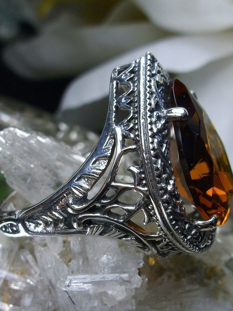 Orange Cognac Citrine Teardrop Ring, Simulated pear cut gemstone, Victorian filigree, sterling silver filigree, Antique jewelry, Silver Embrace jewelry, design #D28