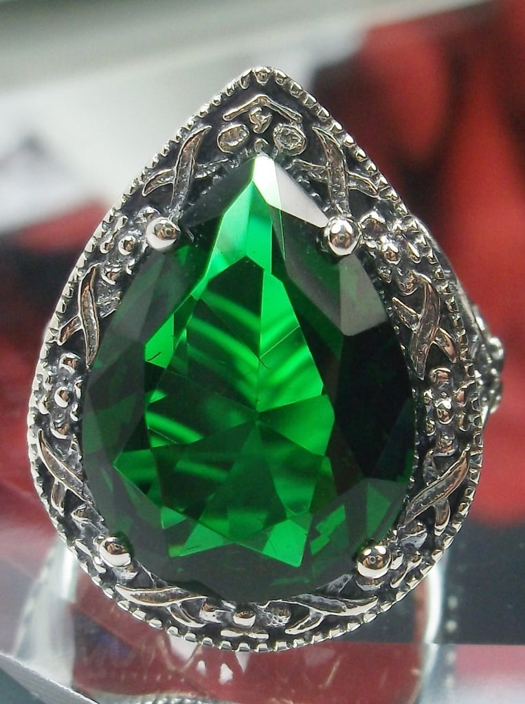 Green Emerald Teardrop Ring, Simulated pear cut gemstone, Victorian filigree, sterling silver filigree, Antique jewelry, Silver Embrace jewelry, design #D28