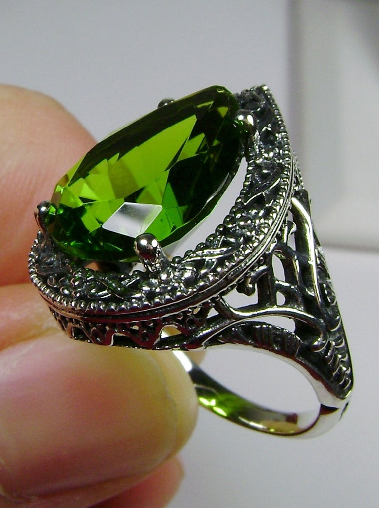 Green Peridot Teardrop Ring, Simulated pear cut gemstone, Victorian filigree, sterling silver filigree, Antique jewelry, Silver Embrace jewelry, design #D28