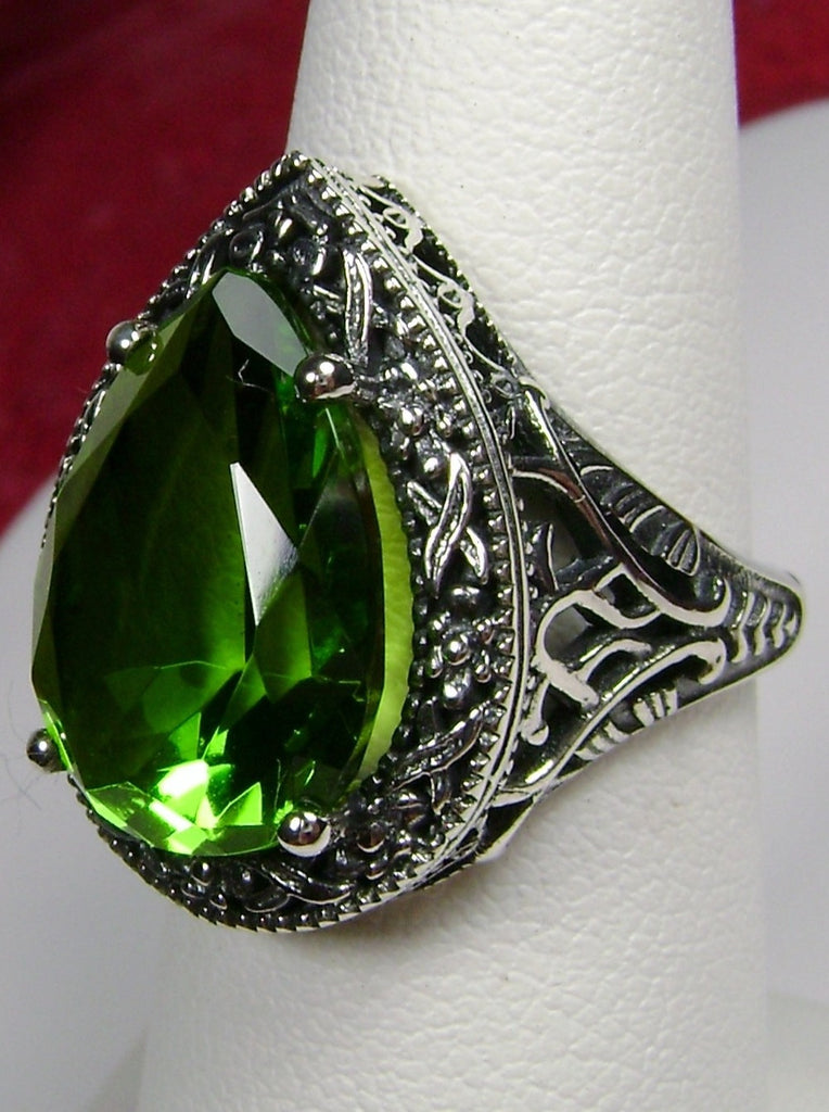 Green Peridot Teardrop Ring, Simulated pear cut gemstone, Victorian filigree, sterling silver filigree, Antique jewelry, Silver Embrace jewelry, design #D28
