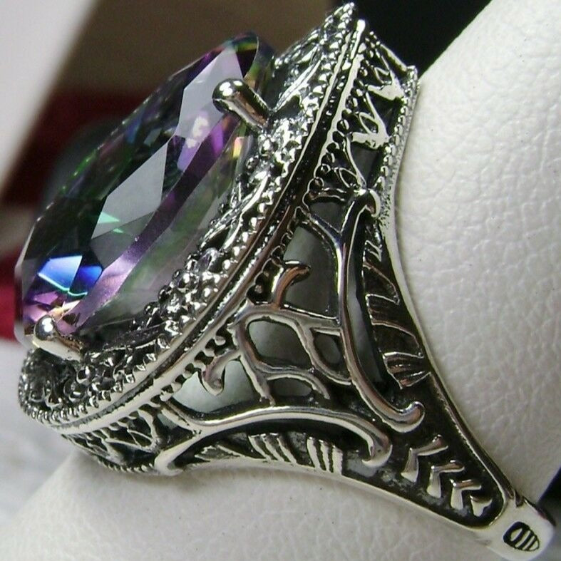 Mystic Topaz Teardrop Ring, Simulated pear cut gemstone, Victorian filigree, sterling silver filigree, Antique jewelry, Silver Embrace jewelry, design #D28