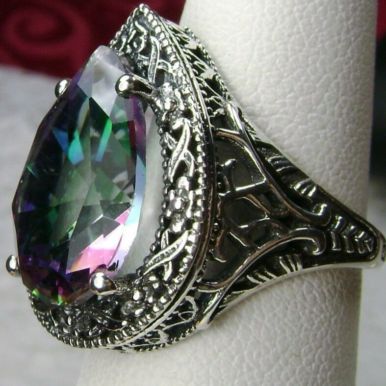 Mystic Topaz Teardrop Ring, Simulated pear cut gemstone, Victorian filigree, sterling silver filigree, Antique jewelry, Silver Embrace jewelry, design #D28