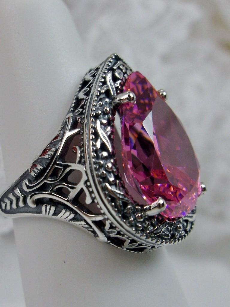 Pink Cubic Zirconia (CZ) Teardrop Ring, Simulated pear cut gemstone, Victorian filigree, sterling silver filigree, Antique jewelry, Silver Embrace jewelry, design #D28