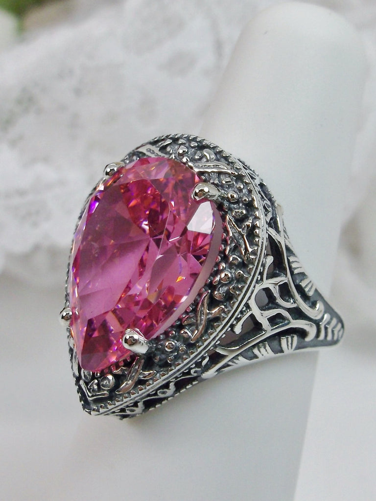 Pink Cubic Zirconia (CZ) Teardrop Ring, Simulated pear cut gemstone, Victorian filigree, sterling silver filigree, Antique jewelry, Silver Embrace jewelry, design #D28
