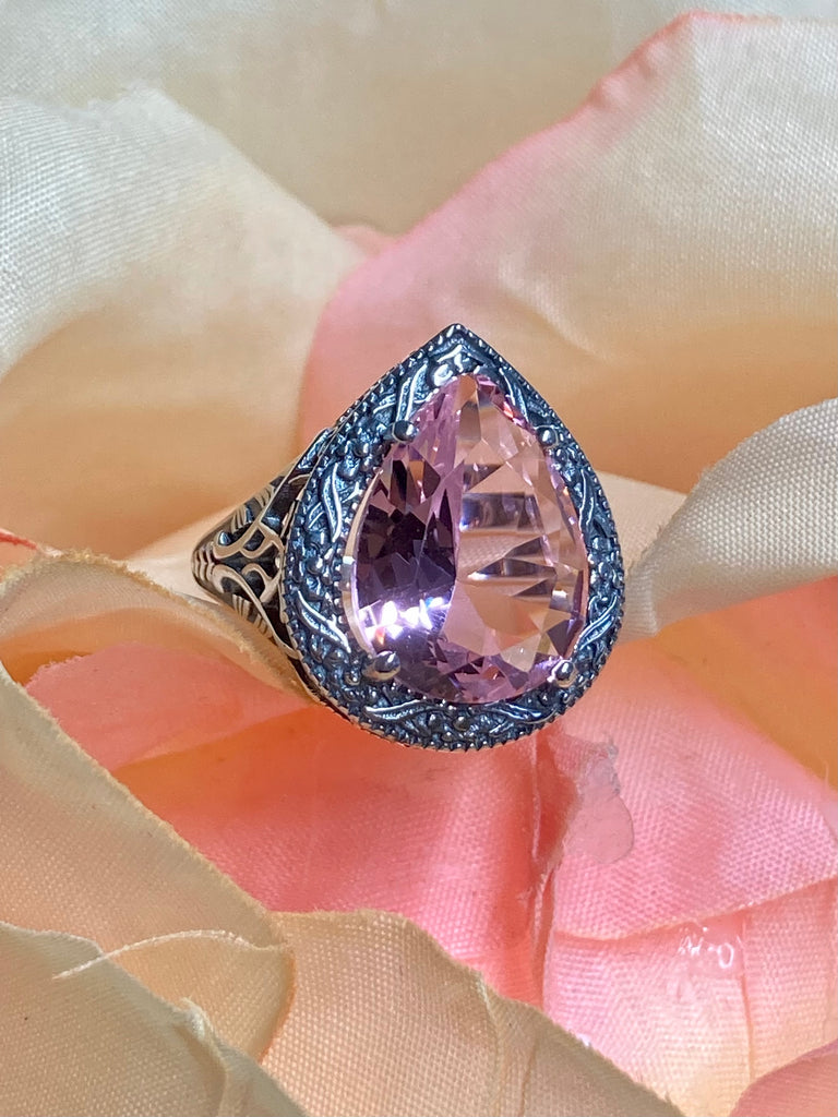 Pink Topaz Teardrop Ring, Simulated pear cut gemstone, Victorian filigree, sterling silver filigree, Antique jewelry, Silver Embrace jewelry, design #D28
