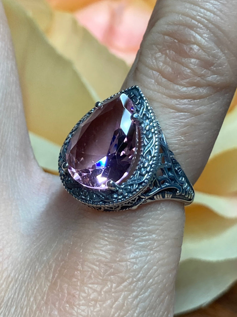 Pink Topaz Teardrop Ring, Simulated pear cut gemstone, Victorian filigree, sterling silver filigree, Antique jewelry, Silver Embrace jewelry, design #D28