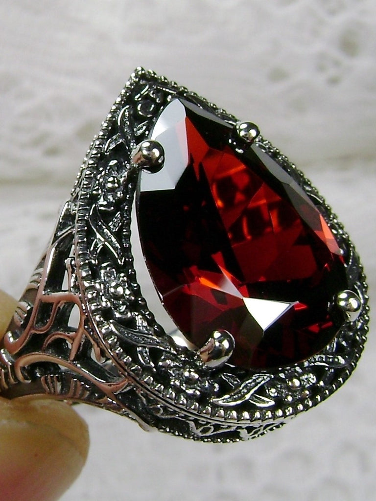 Red Garnet Cubic Zirconia (CZ) Teardrop Ring, Simulated pear cut gemstone, Victorian filigree, sterling silver filigree, Antique jewelry, Silver Embrace jewelry, design #D28