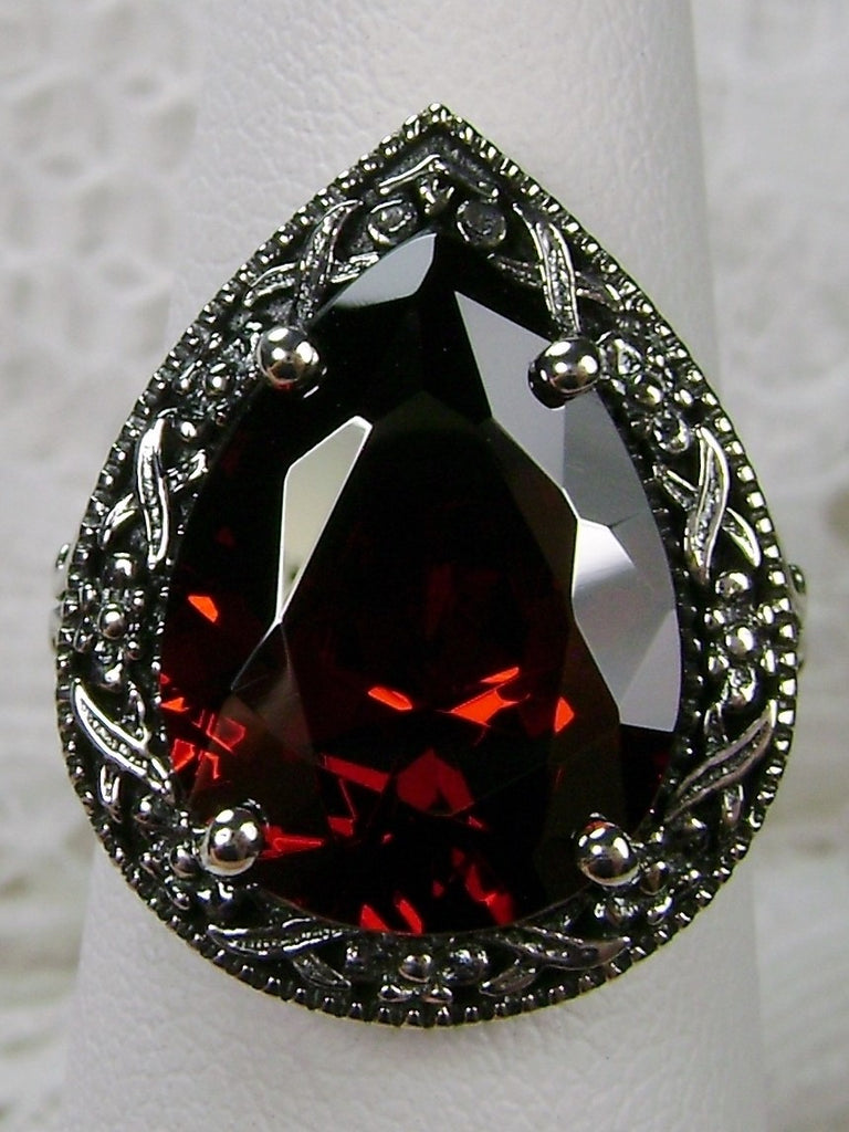 Red Garnet Cubic Zirconia (CZ) Teardrop Ring, Simulated pear cut gemstone, Victorian filigree, sterling silver filigree, Antique jewelry, Silver Embrace jewelry, design #D28
