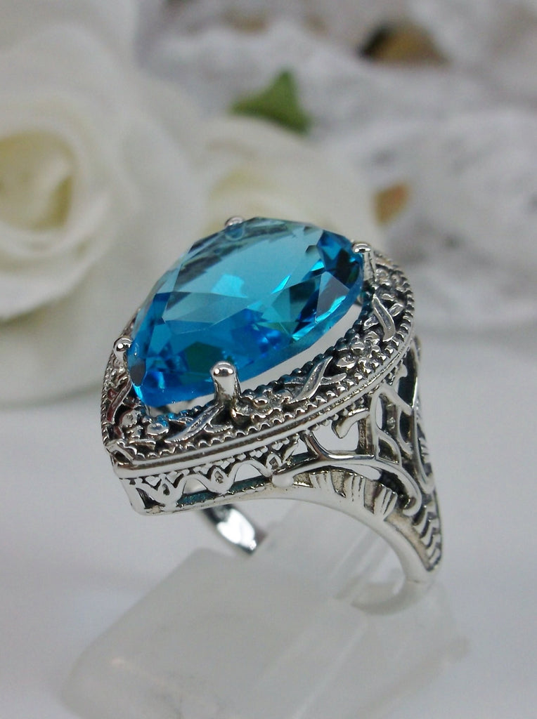 Swiss Blue Topaz Teardrop Ring, Simulated pear cut gemstone, Victorian filigree, sterling silver filigree, Antique jewelry, Silver Embrace jewelry, design #D28