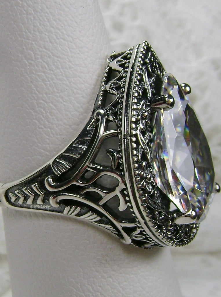 White Cubic Zirconia (CZ) Teardrop Ring, Simulated pear cut gemstone, Victorian filigree, sterling silver filigree, Antique jewelry, Silver Embrace jewelry, design #D28