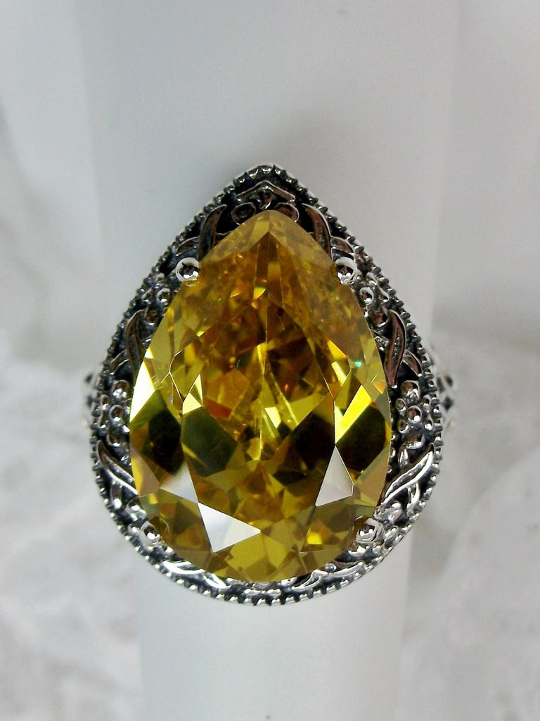 Yellow Citrine Teardrop Ring, Simulated pear cut gemstone, Victorian filigree, sterling silver filigree, Antique jewelry, Silver Embrace jewelry, design #D28