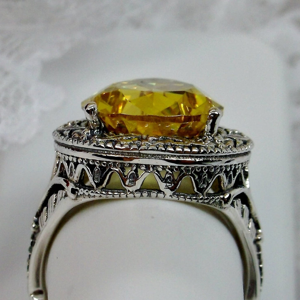 Yellow Citrine Teardrop Ring, Simulated pear cut gemstone, Victorian filigree, sterling silver filigree, Antique jewelry, Silver Embrace jewelry, design #D28