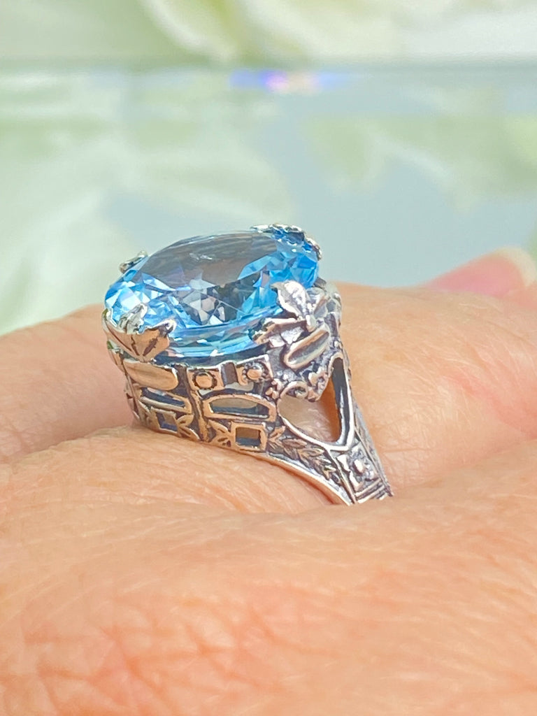 Natural Blue Topaz Ring, Princess style, Sterling silver filigree, Victorian jewelry, Silver Embrace jewelry, D29