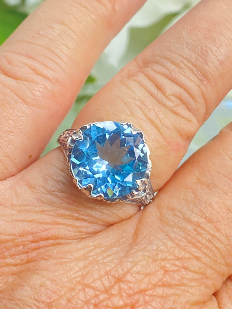 Natural Blue Topaz Ring, Princess style, Sterling silver filigree, Victorian jewelry, Silver Embrace jewelry, D29
