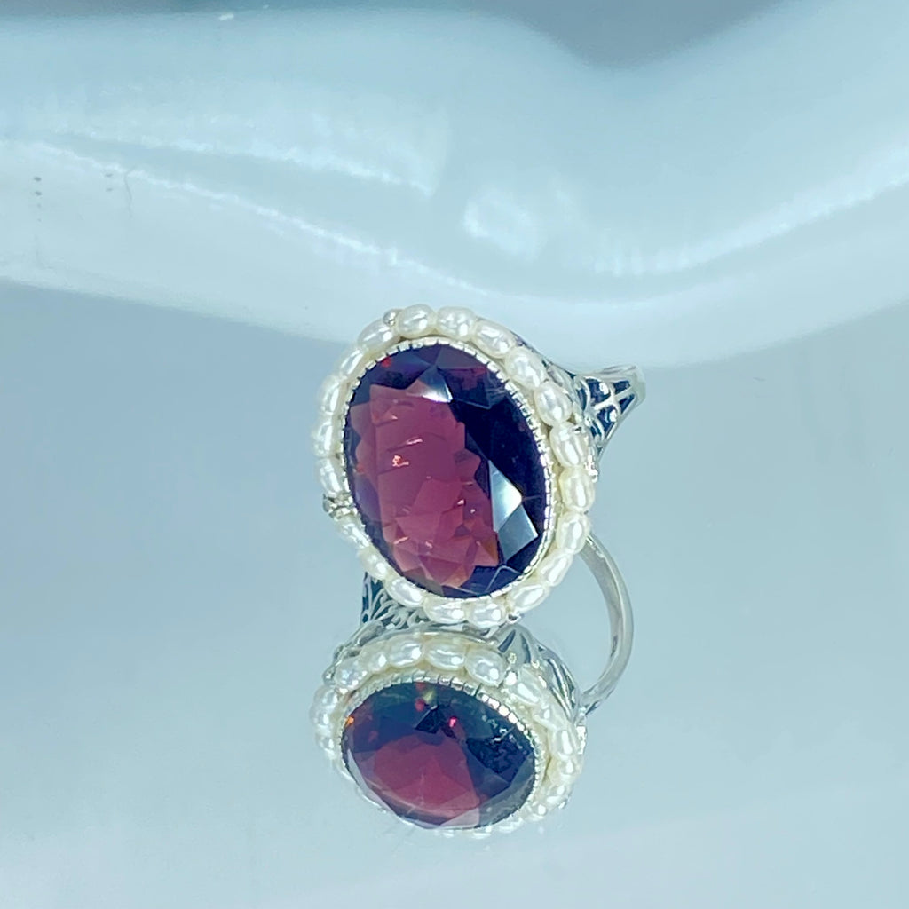 Amethyst Ring, Seed Pearls surround and accent the simulated oval stone with sterling silver Victorian filigree, D3, Silver Embrace Jewelry, Seed Pearl Ring