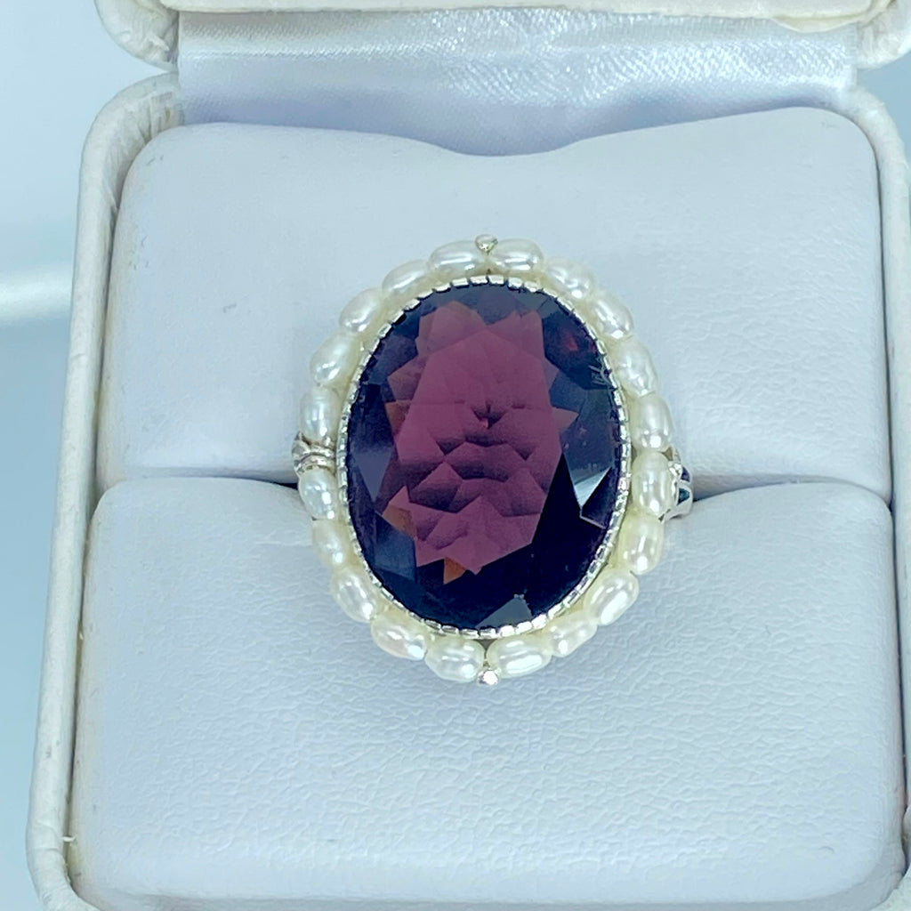 Amethyst Ring, Seed Pearls surround and accent the simulated oval stone with sterling silver Victorian filigree, D3, Silver Embrace Jewelry, Seed Pearl Ring