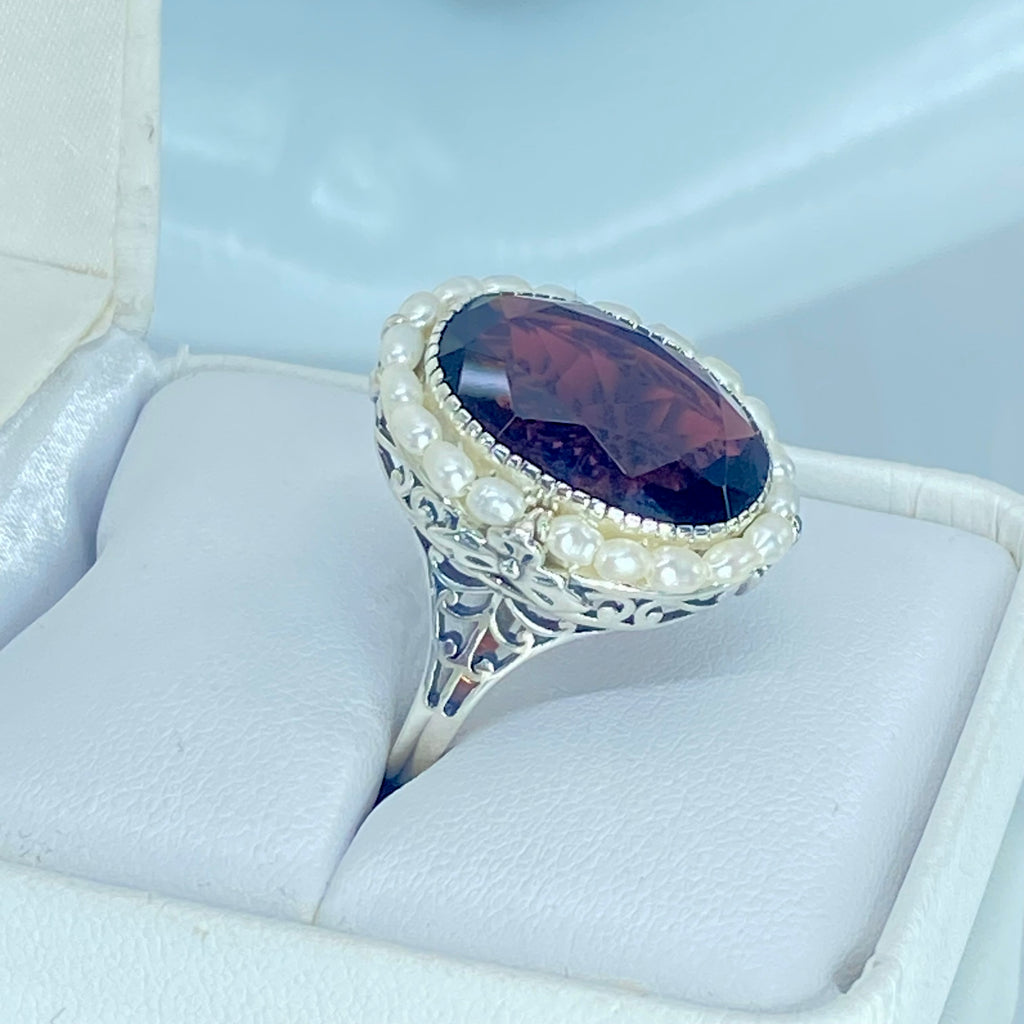 Amethyst Ring, Seed Pearls surround and accent the simulated oval stone with sterling silver Victorian filigree, D3, Silver Embrace Jewelry, Seed Pearl Ring