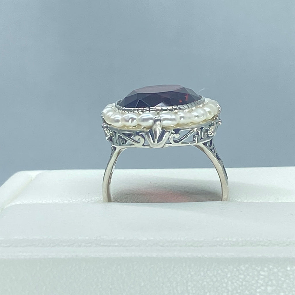 Amethyst Ring, Seed Pearls surround and accent the simulated oval stone with sterling silver Victorian filigree, D3, Silver Embrace Jewelry, Seed Pearl Ring