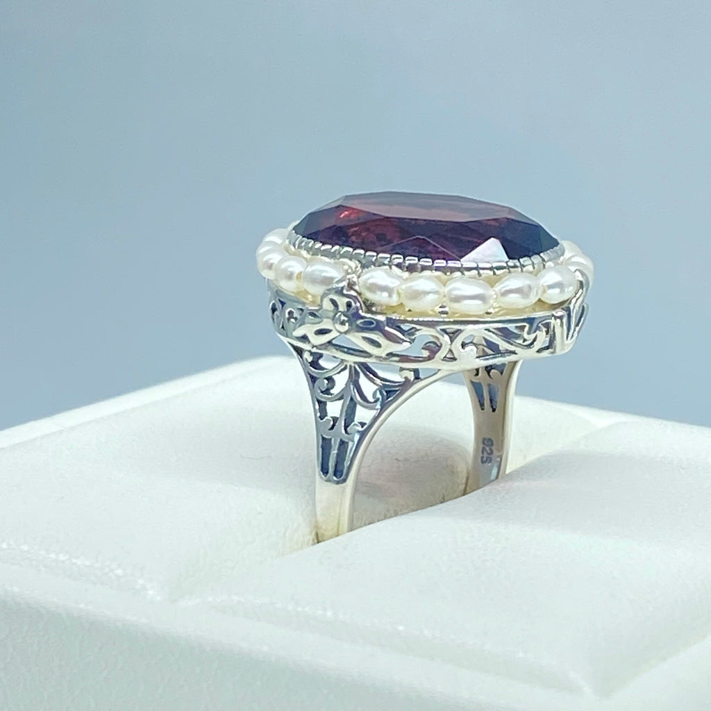 Amethyst Ring, Seed Pearls surround and accent the simulated oval stone with sterling silver Victorian filigree, D3, Silver Embrace Jewelry, Seed Pearl Ring