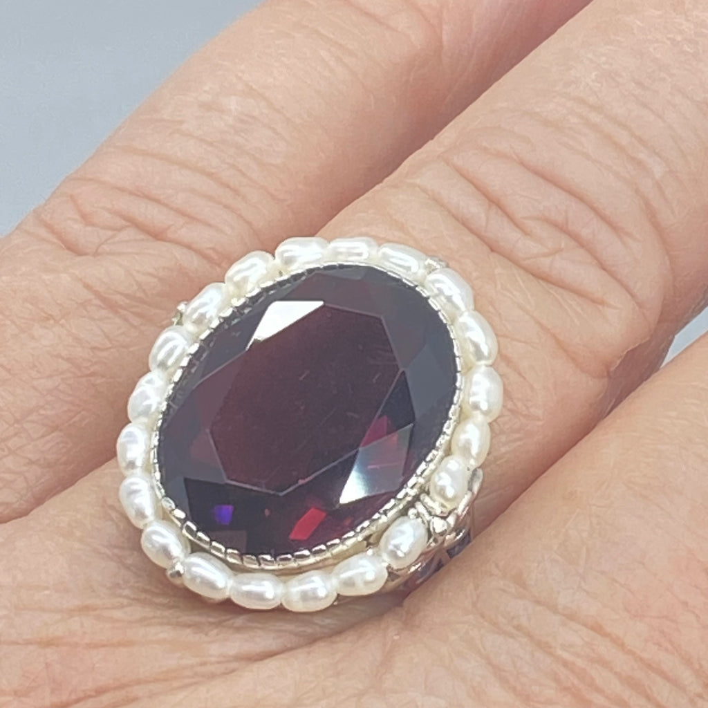 Amethyst Ring, Seed Pearls surround and accent the simulated oval stone with sterling silver Victorian filigree, D3, Silver Embrace Jewelry, Seed Pearl Ring