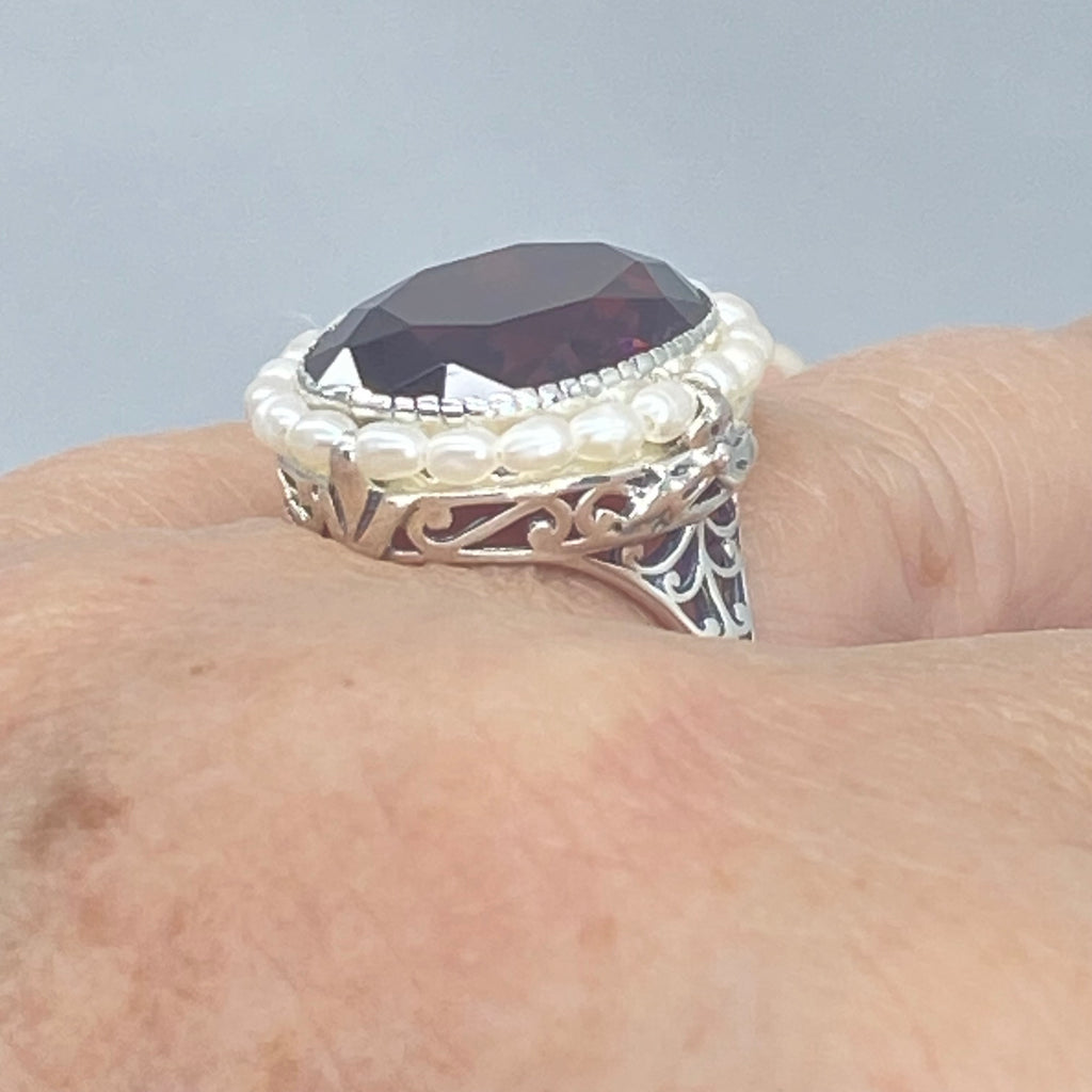 Amethyst Ring, Seed Pearls surround and accent the simulated oval stone with sterling silver Victorian filigree, D3, Silver Embrace Jewelry, Seed Pearl Ring
