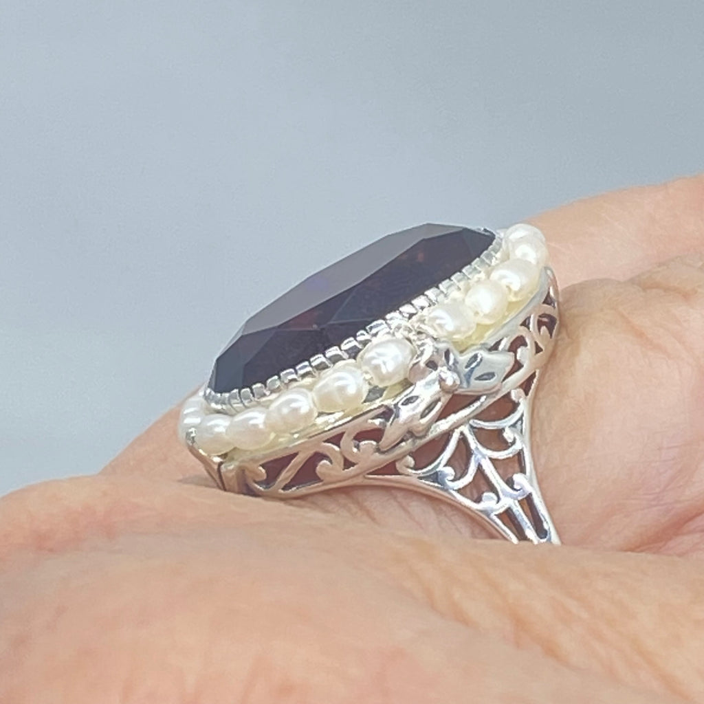 Amethyst Ring, Seed Pearls surround and accent the simulated oval stone with sterling silver Victorian filigree, D3, Silver Embrace Jewelry, Seed Pearl Ring