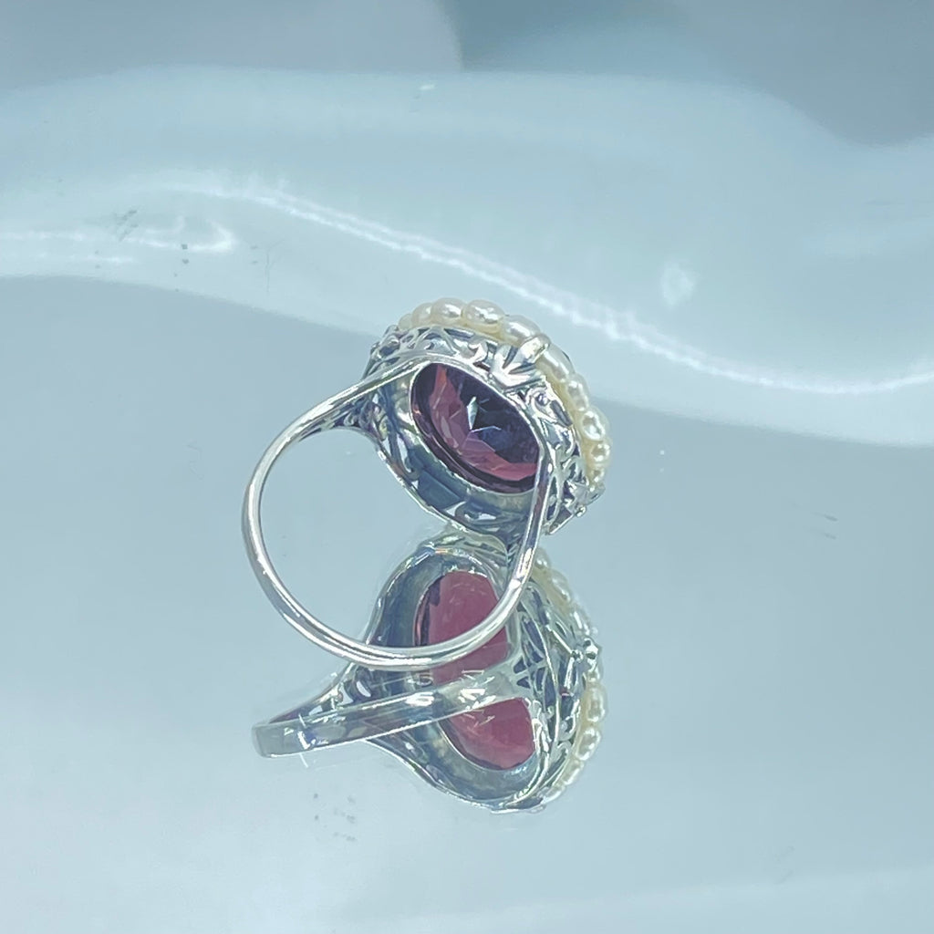 Amethyst Ring, Seed Pearls surround and accent the simulated oval stone with sterling silver Victorian filigree, D3, Silver Embrace Jewelry, Seed Pearl Ring