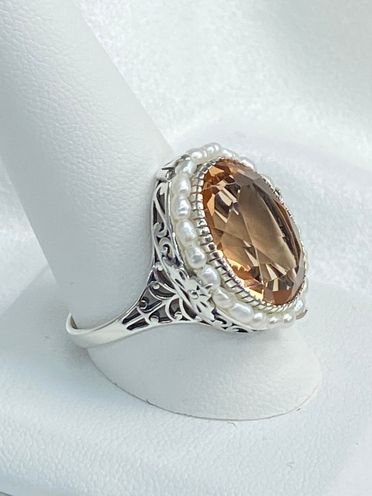 Peach Ring, Topaz & Pearl Ring, Sterling Silver Filigree, Victorian Vintage Jewelry, D3 , Silver Embrace Jewelry