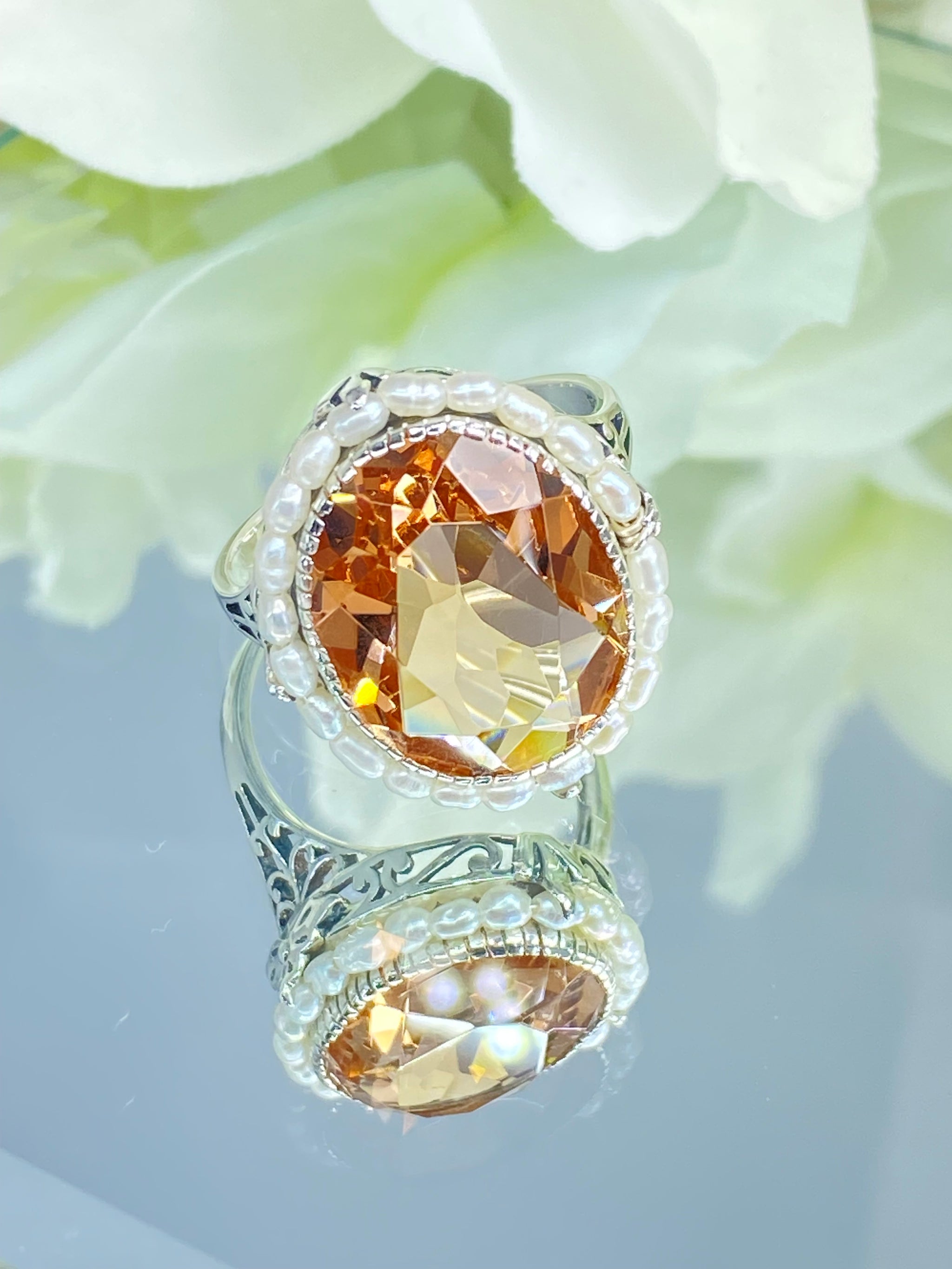 Peach Topaz Ring, Size 10.5, Pearl Accent Silver Filigree