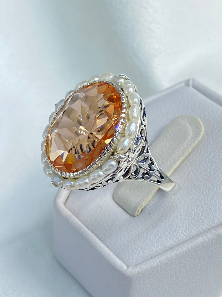 Peach Ring, Topaz & Pearl Ring, Sterling Silver Filigree, Victorian Vintage Jewelry, D3 , Silver Embrace Jewelry