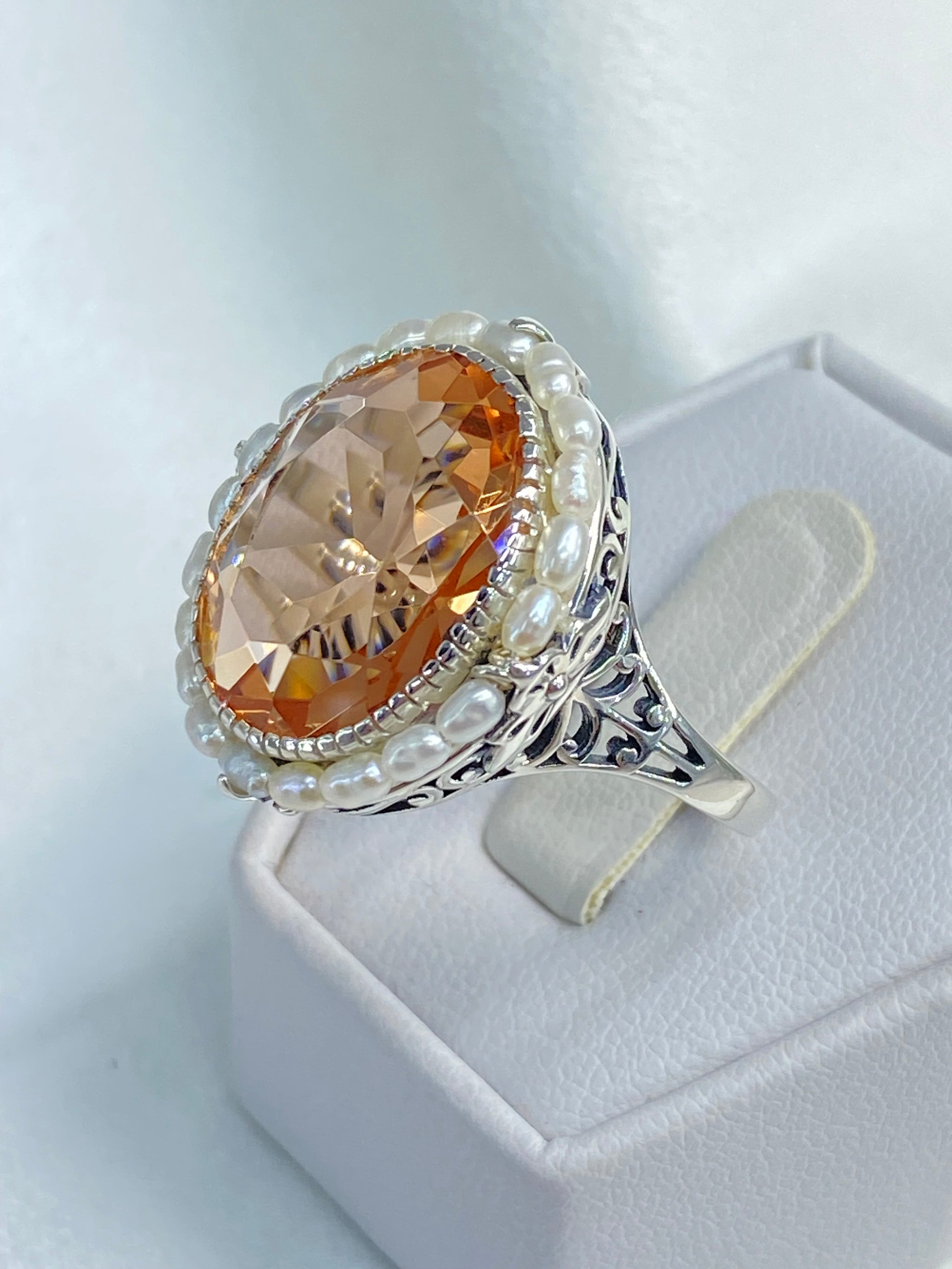 Peach Topaz Ring, Size 10.5, Pearl Accent Silver Filigree