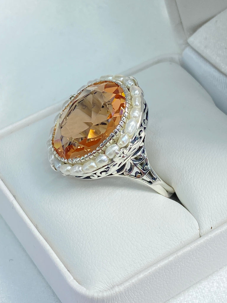 Peach Ring, Topaz & Pearl Ring, Sterling Silver Filigree, Victorian Vintage Jewelry, D3 , Silver Embrace Jewelry